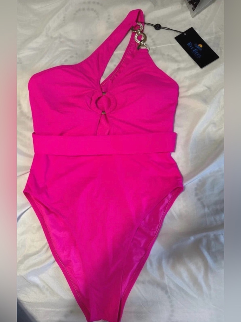 Fashion Nova One-Piece Swimsuit - Hot Pink Asymmetric Belted Design